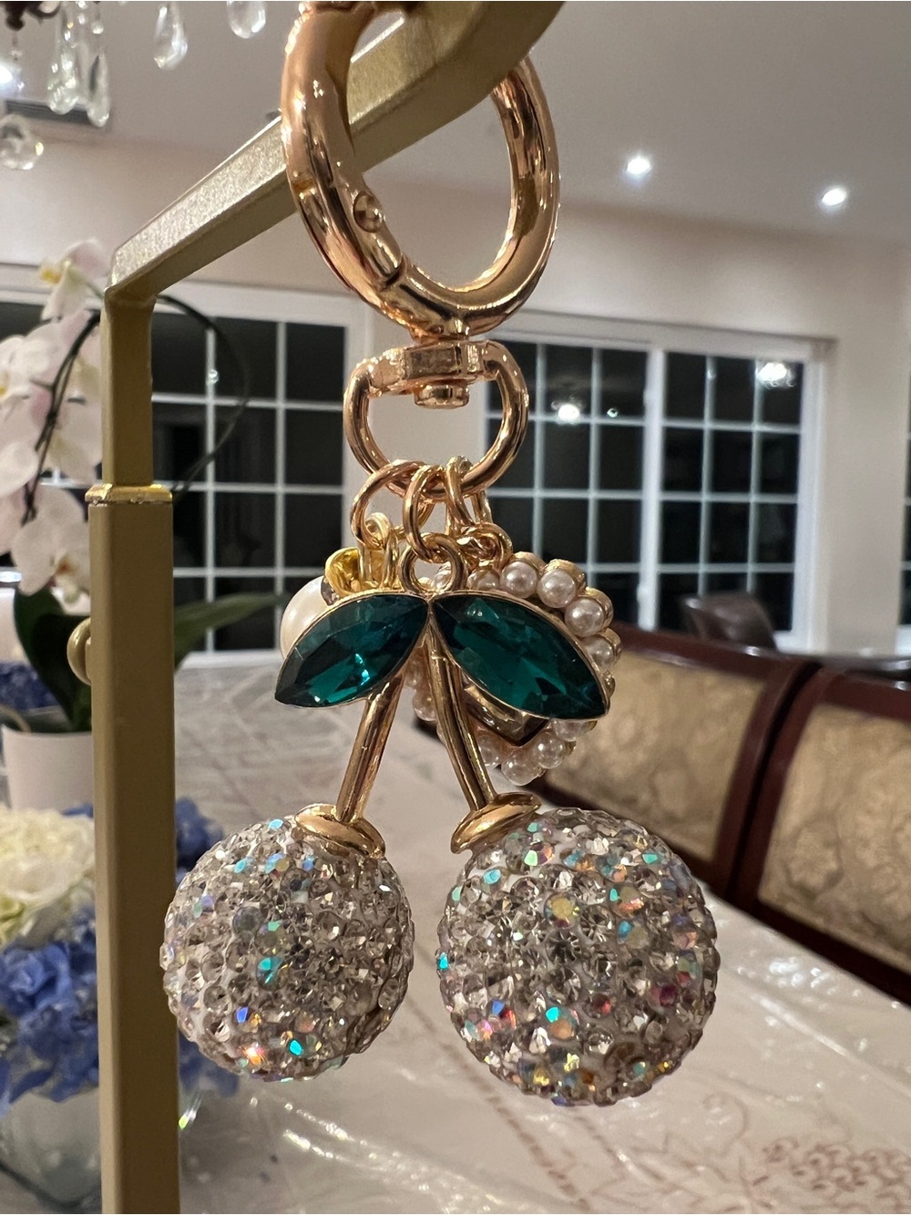 Crystal Cherry Keychain with Teal Leaves
